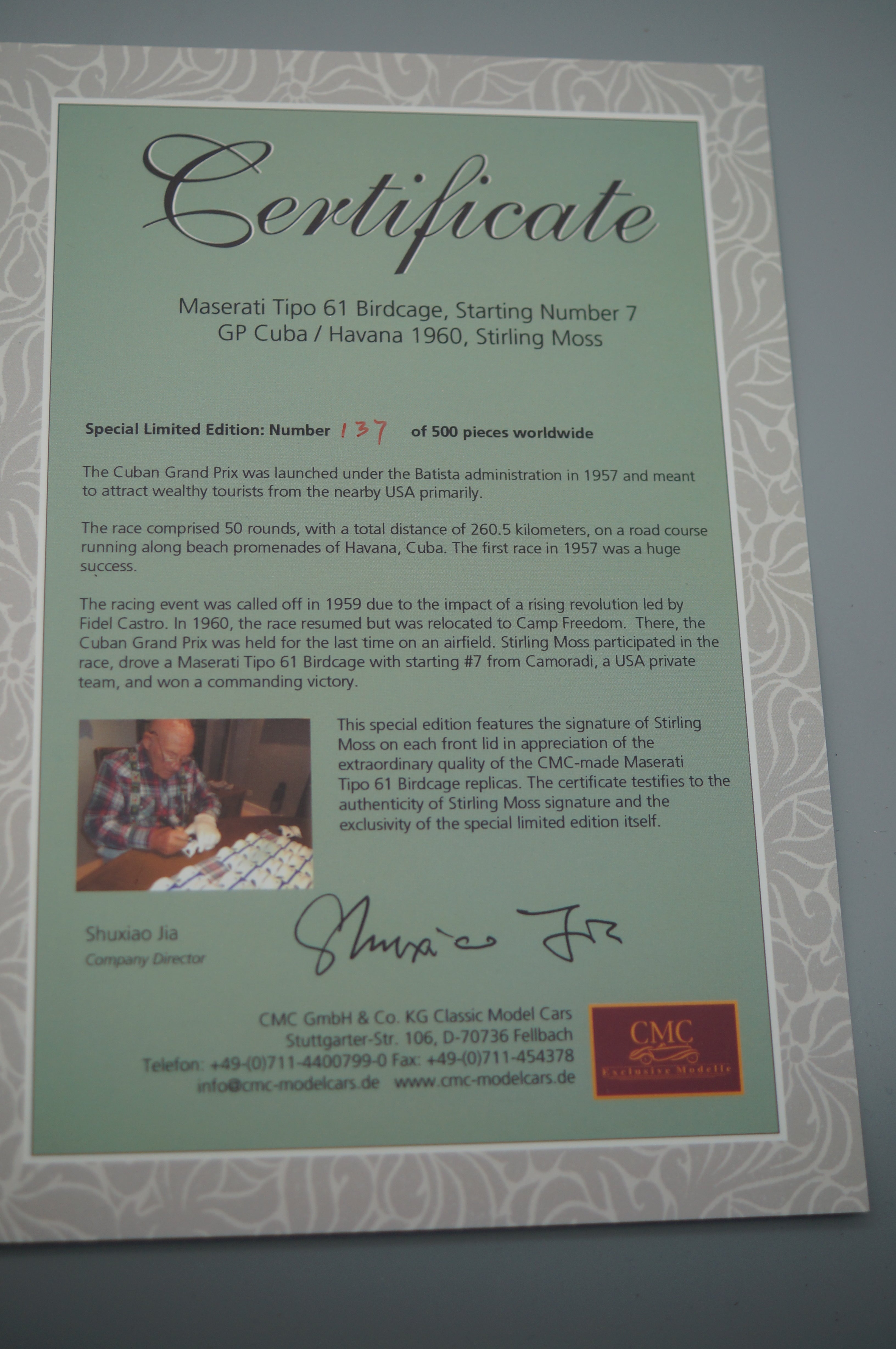 1/18 Maserati Tipo 61 Birdcage #7 GP Cuba Signature Edition Stirling Moss CMC M-149