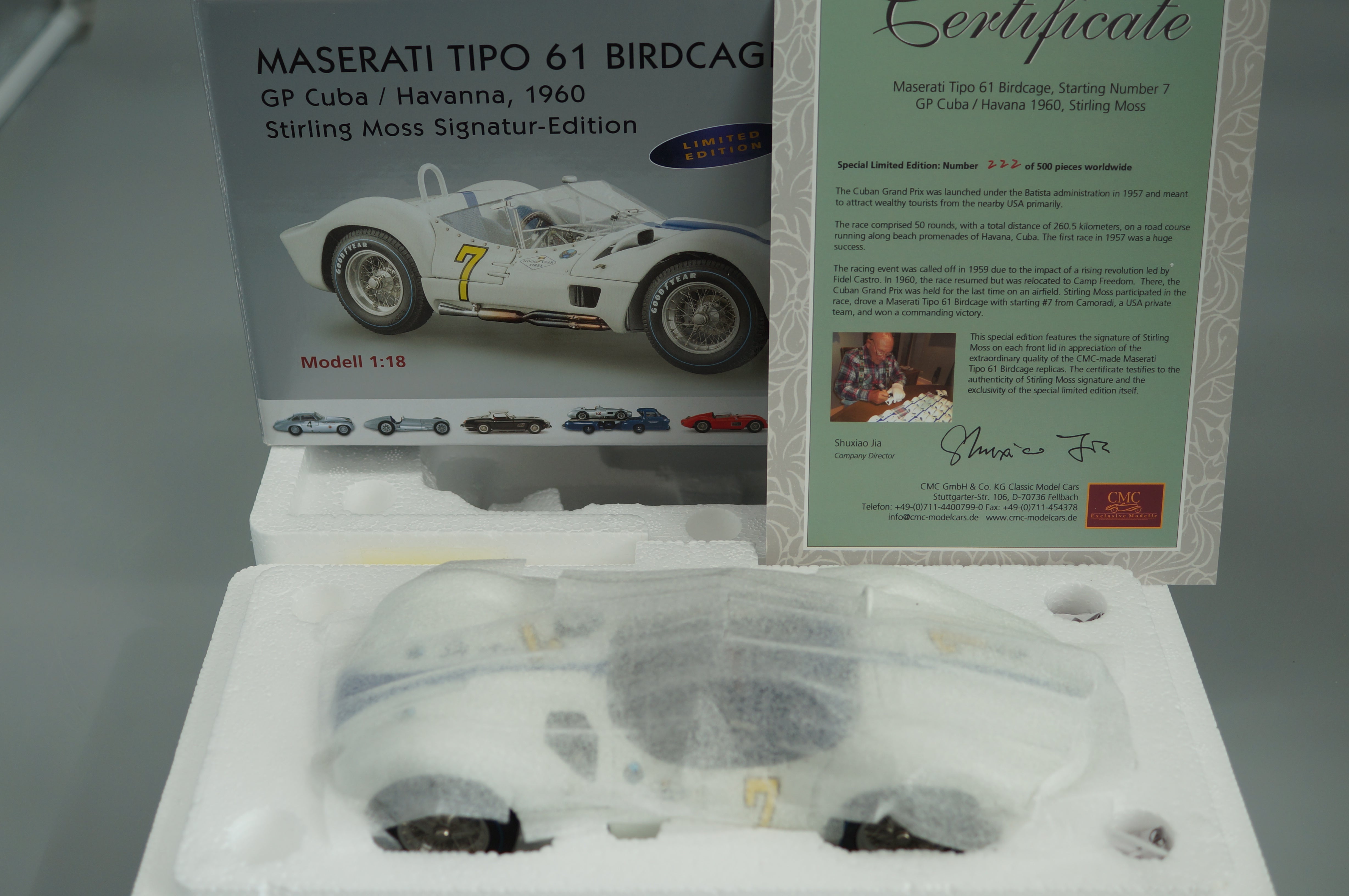 1/18 Maserati Tipo 61 Birdcage #7 Signatur Edition Stirling Moss #222/500 CMC M-149 -pre-owned