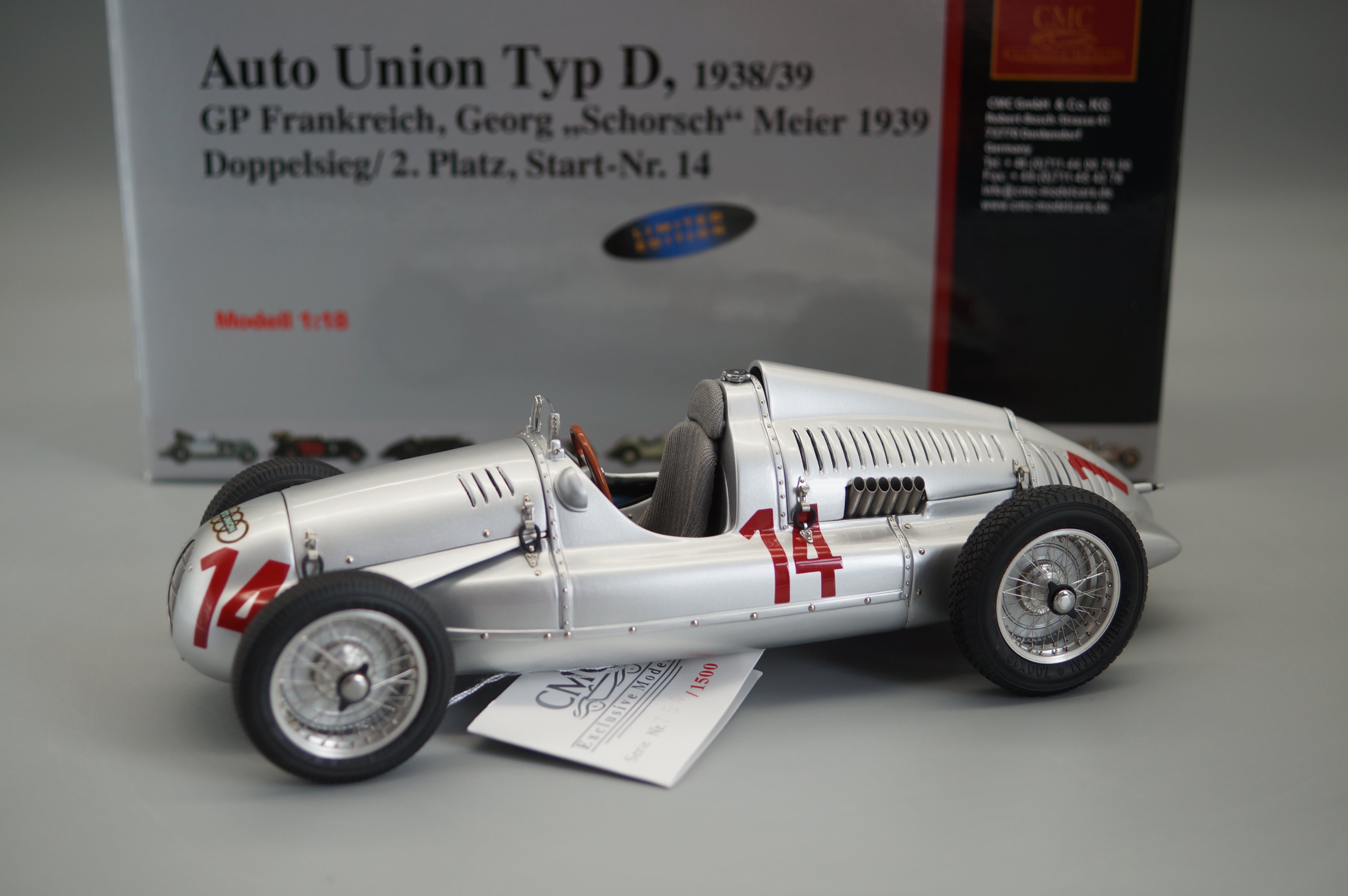 1/18 Auto Union Typ D #14, GP Frankreich 1939,G. Meier #0754/1500 CMC M-090 -pre-owned-