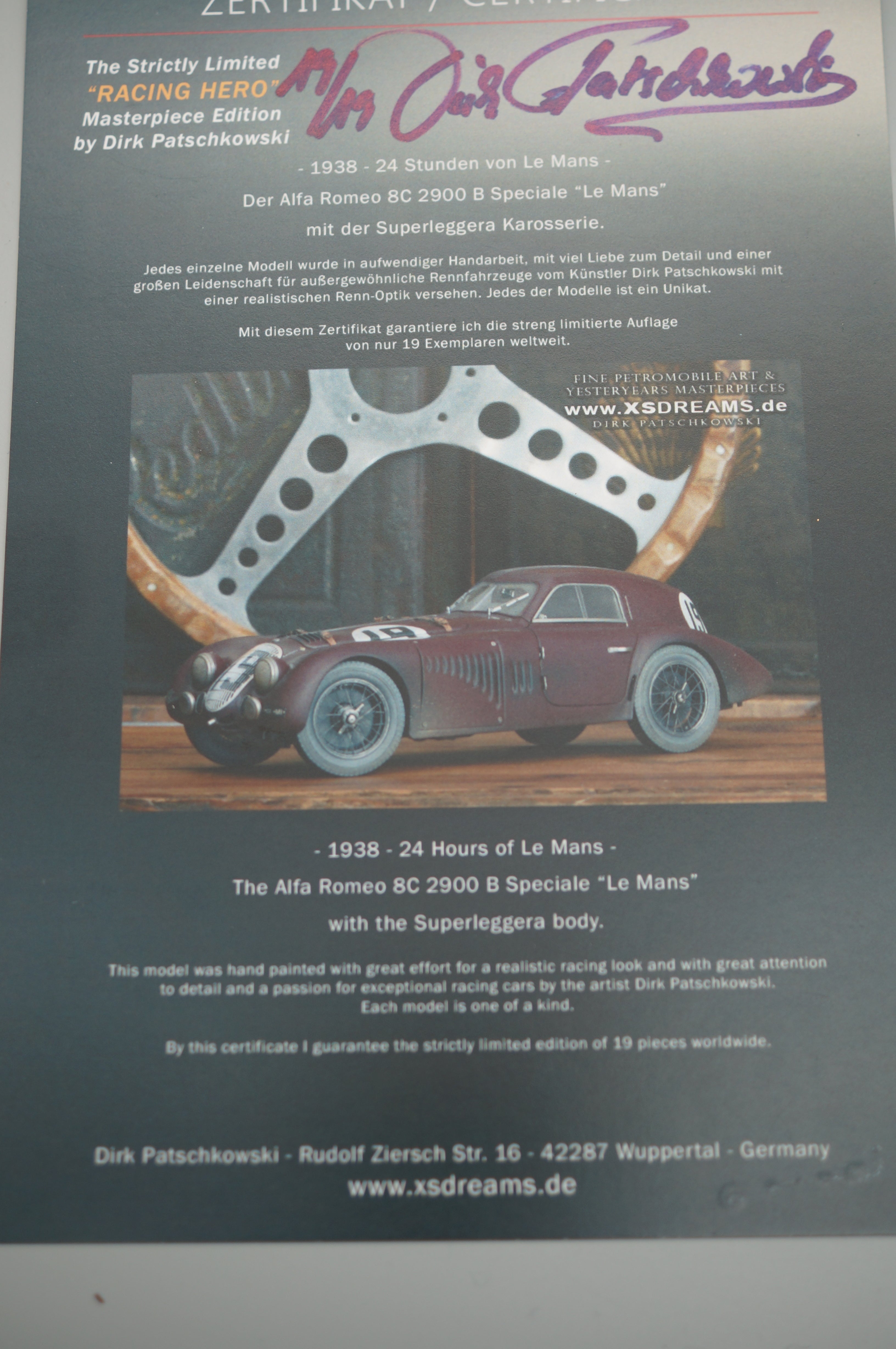 1/18 CMC M-111 Alfa Romeo 8C 2900B #19 Le Mans 1938 'Racing Legend' by Dirk Patschkowski LE 19/19