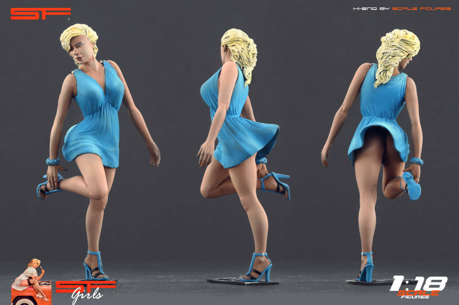 1/18 Girl in hurry BLUE DRESS von SF Scale Figures - Handarbeit -