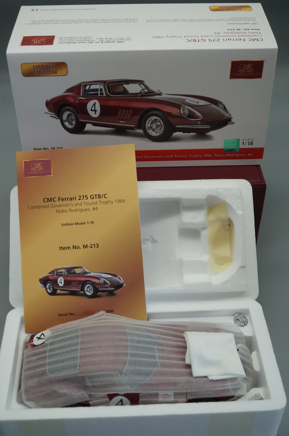 1/18 Ferrari 275 GTB/C #4 Pedro Rodriguez Chassis 09063 von 1966 rubinrot #0362/1000 CMC M-213 -pre-owned MH348