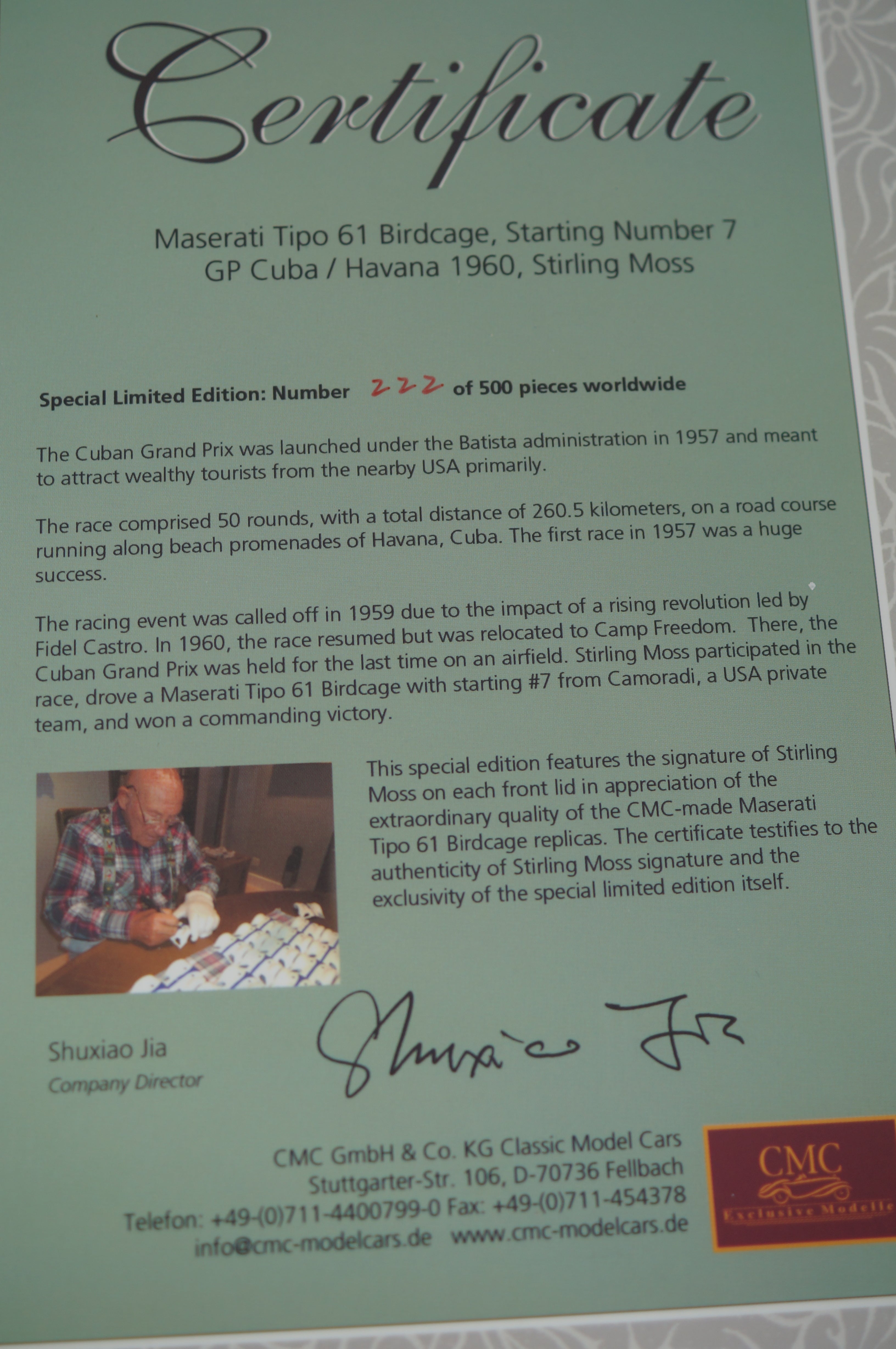 1/18 Maserati Tipo 61 Birdcage #7 Signatur Edition Stirling Moss #222/500 CMC M-149 -pre-owned