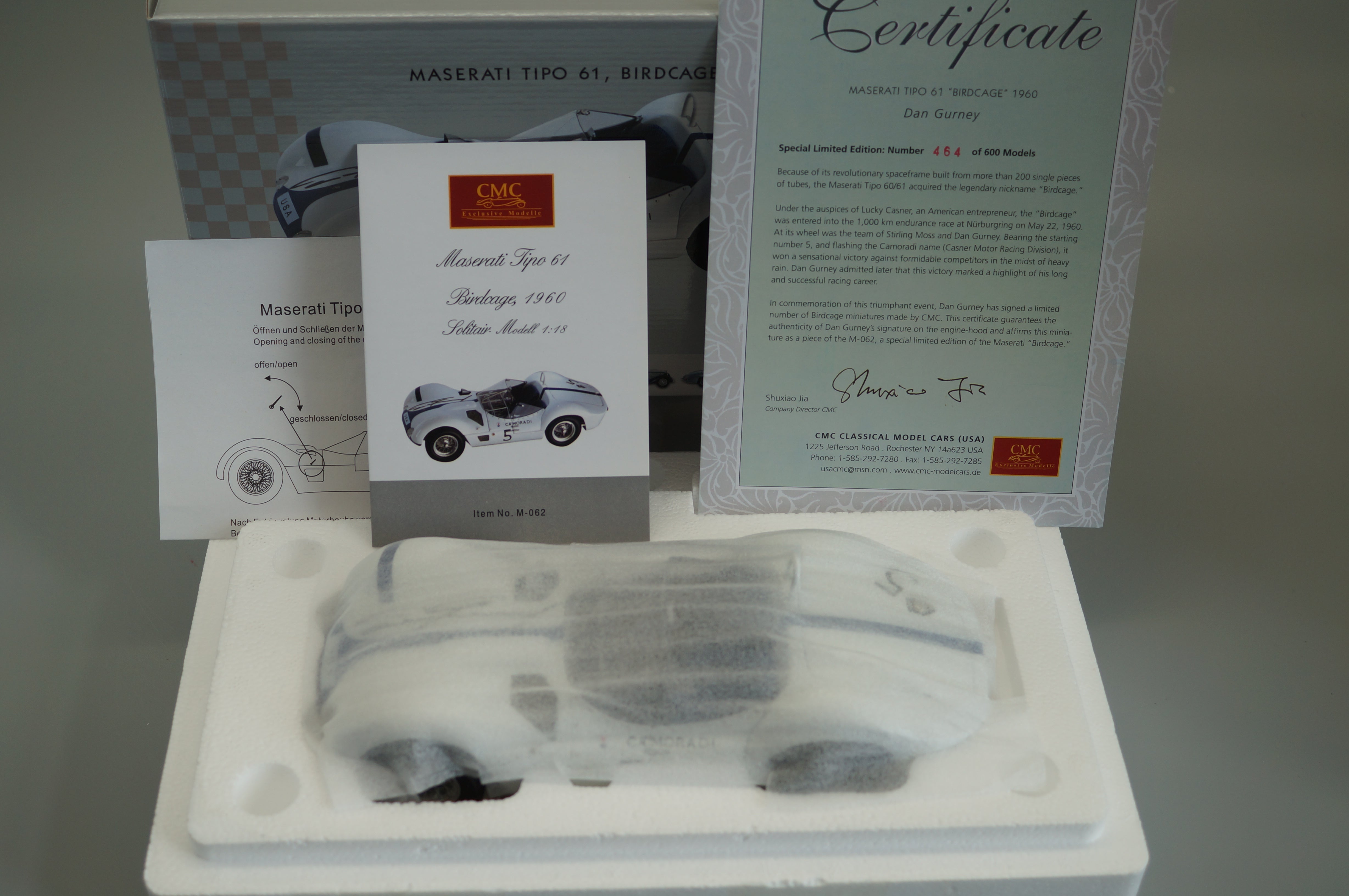 1/18 Maserati Birdcage #5 signiert von Dan Gurney #464/600 CMC M-062 -pre-owned