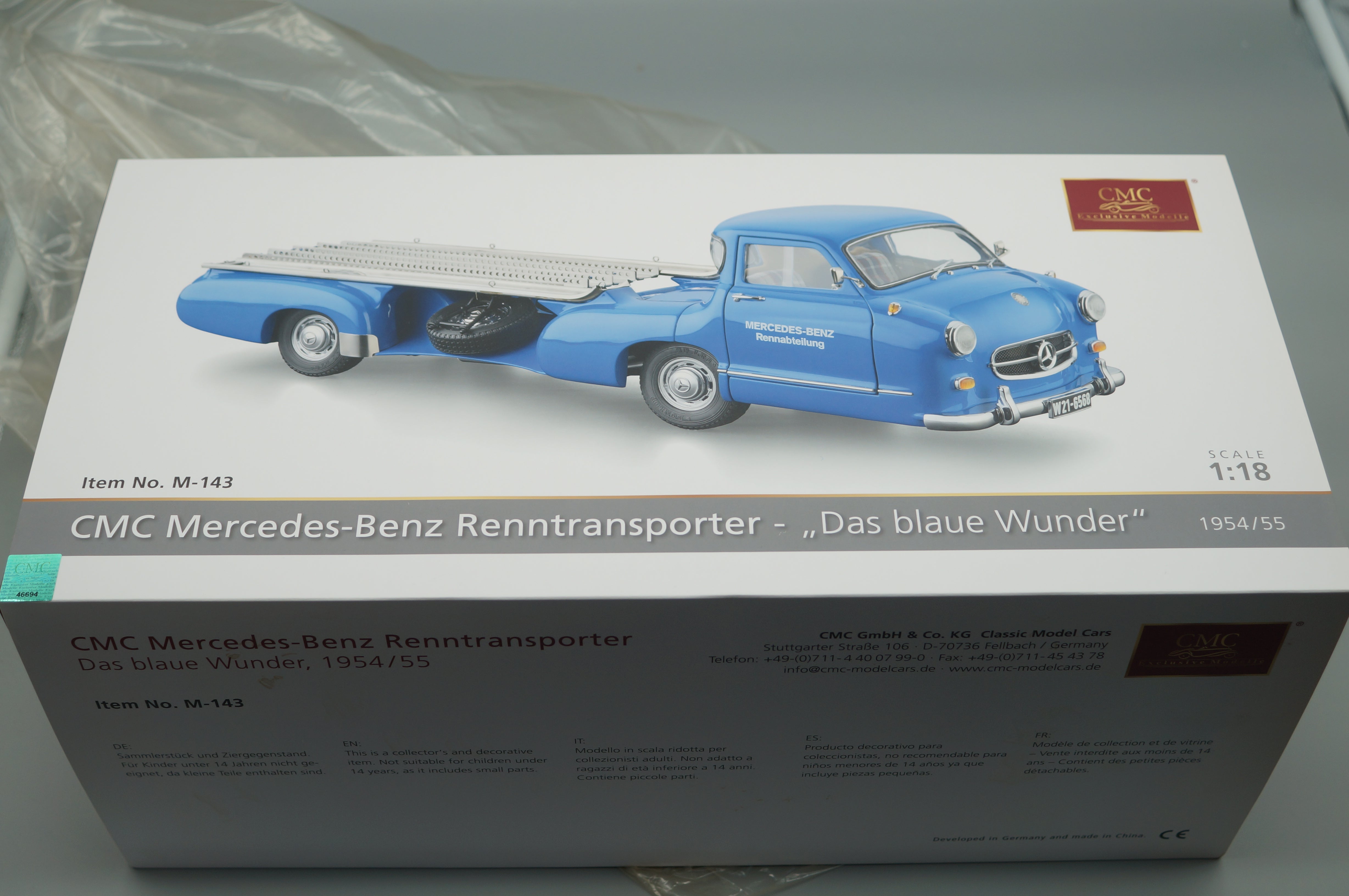 1:18 Mercedes-Benz Renntransporter "Das blaue Wunder" 1954/55 ÜBERARBEITETE VERSION CMC M-143 -pre-owned-