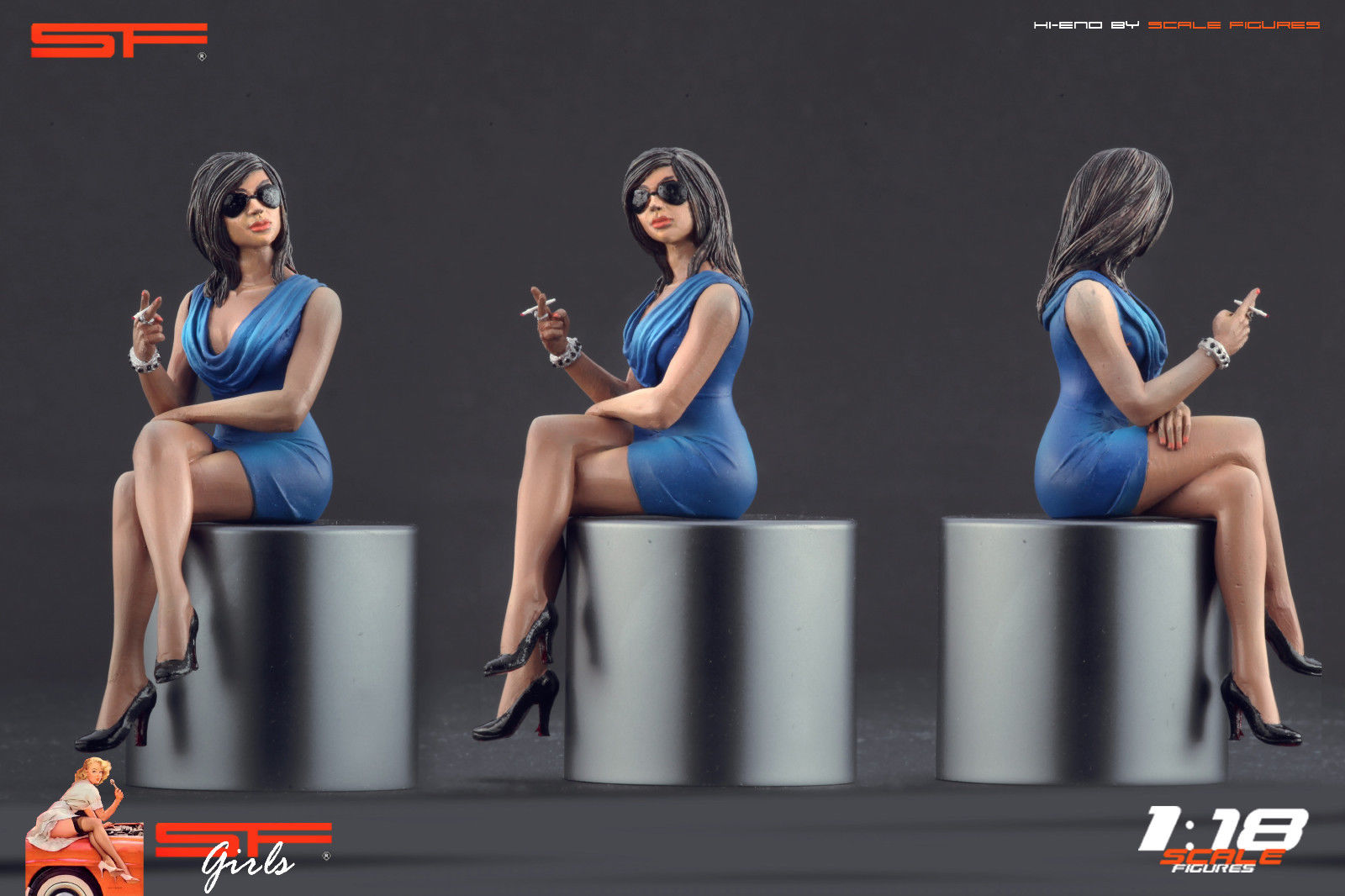1/18 Girl Sitting Blue Dress von SF Scale Figures - Handarbeit -